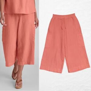 Flax Full Time Pants Linen Crop Wide Leg Drawstring Cargo‎ Womens Small Mango